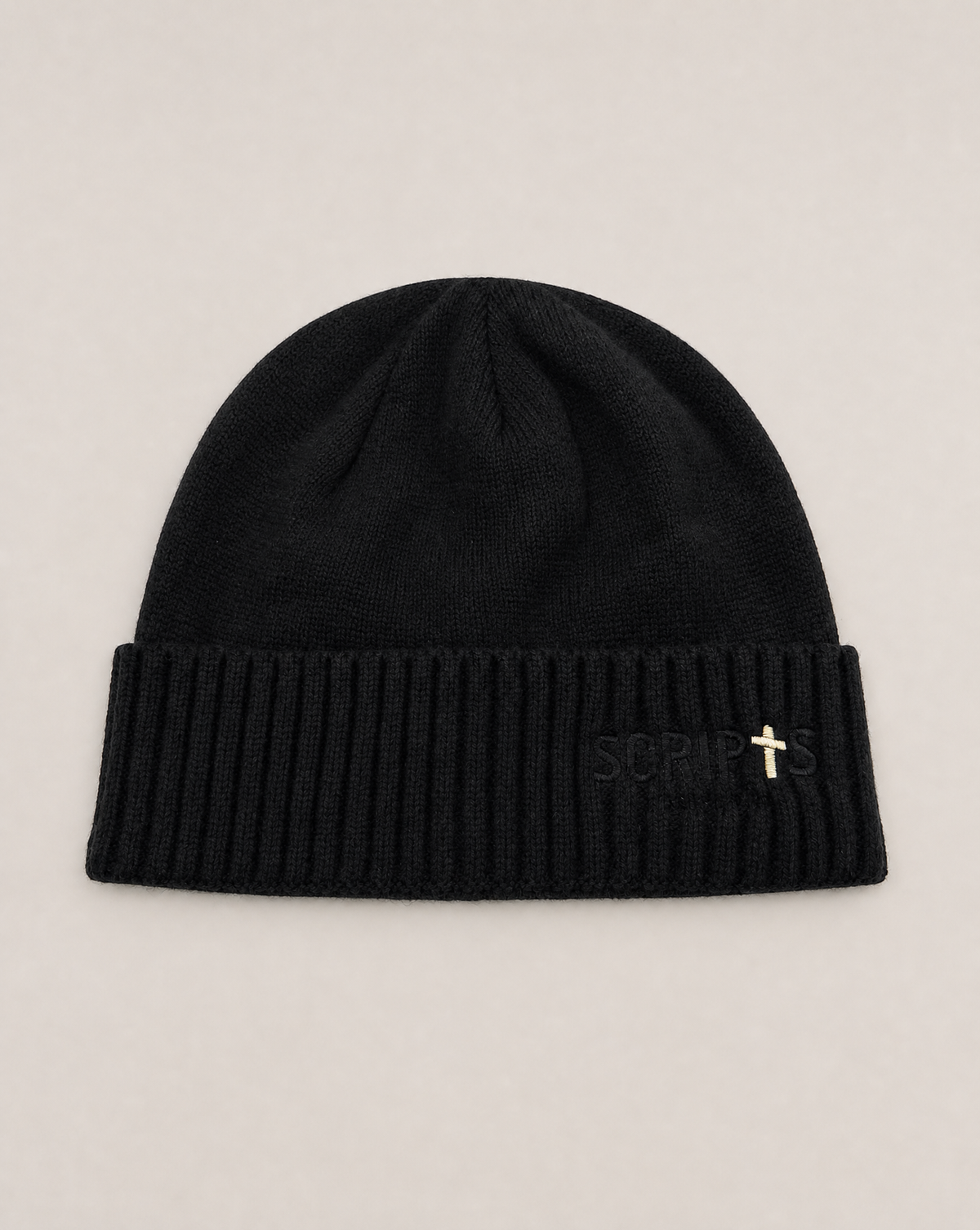 Rib Knit Beanie with Embroidered Cross Logo