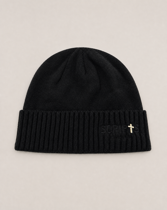 Rib Knit Beanie with Embroidered Cross Logo